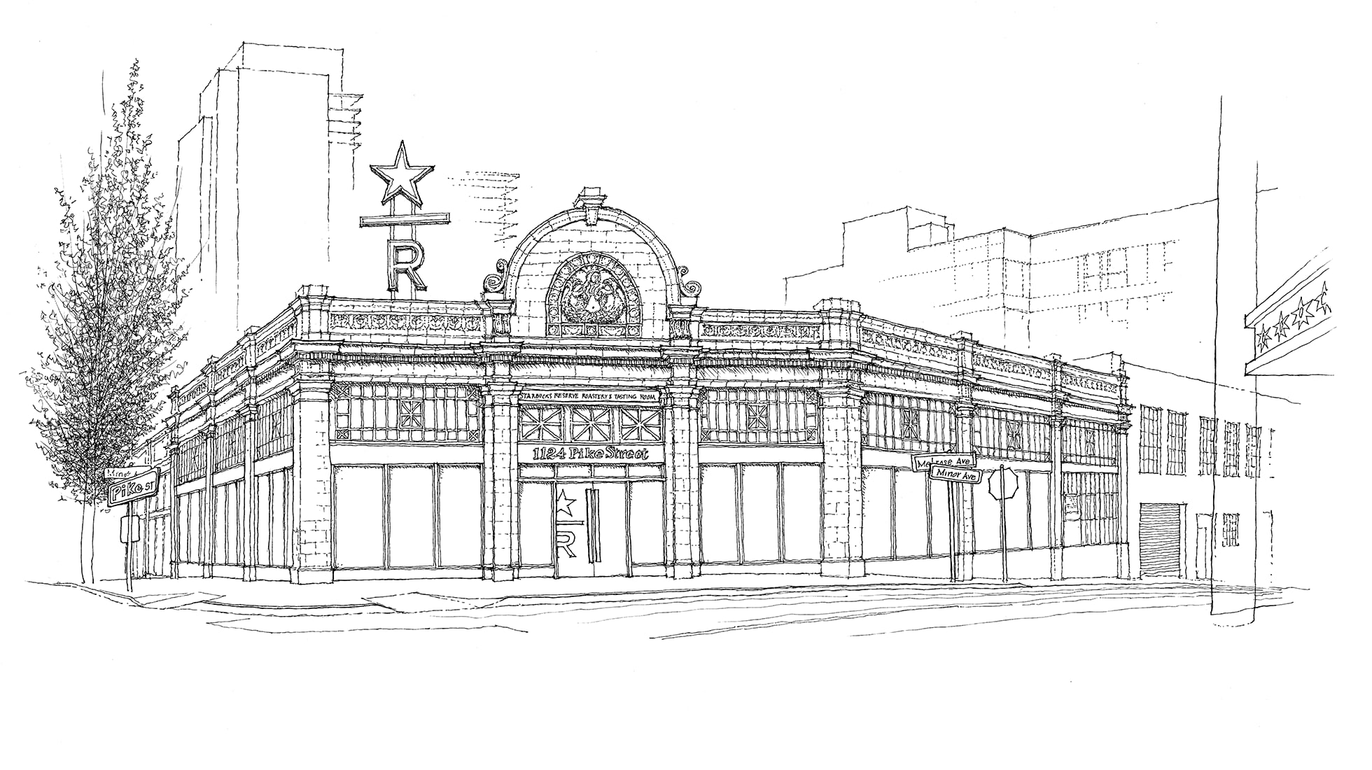 Line illustration of the exterior of the Seattle Roastery