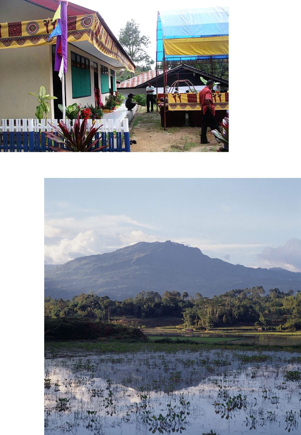Collage of the exterior of a building with some people in the background and a landscape photo with a mountain, trees, and a shallow body of water