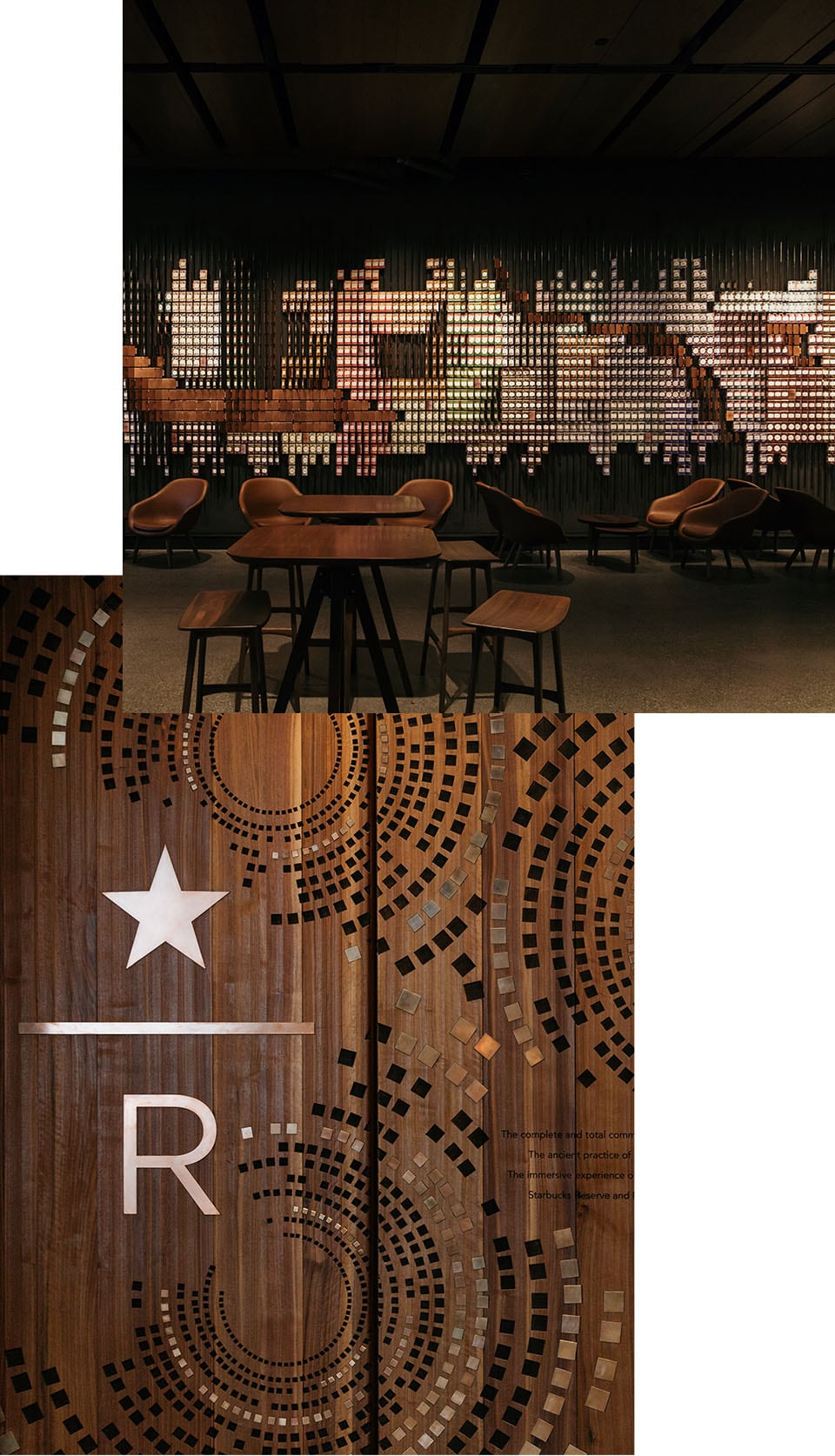 Collage of interior space with wooden furniture and art piece on wall and abstract image of Starbucks Reserve logo and decorative items on wood
