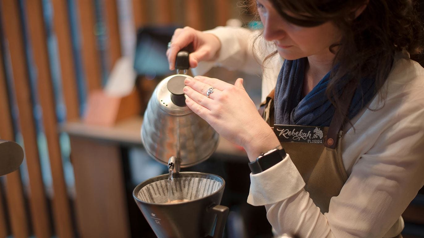 Process Of Making Pour Over Coffee Woman Hand Holding Kettle Over