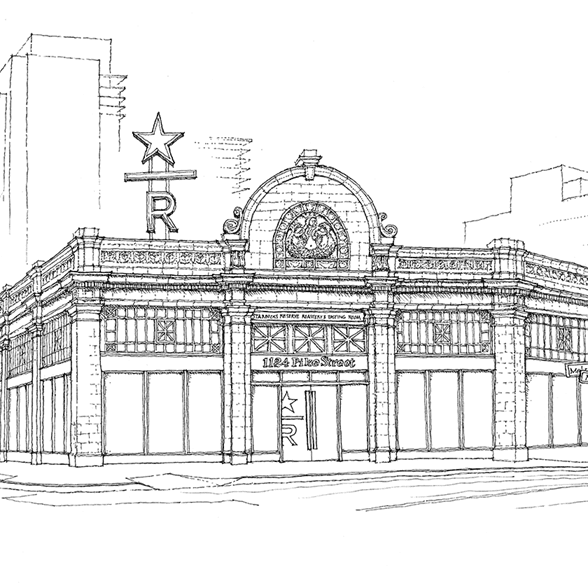 Line illustration of the exterior of the Seattle Roastery