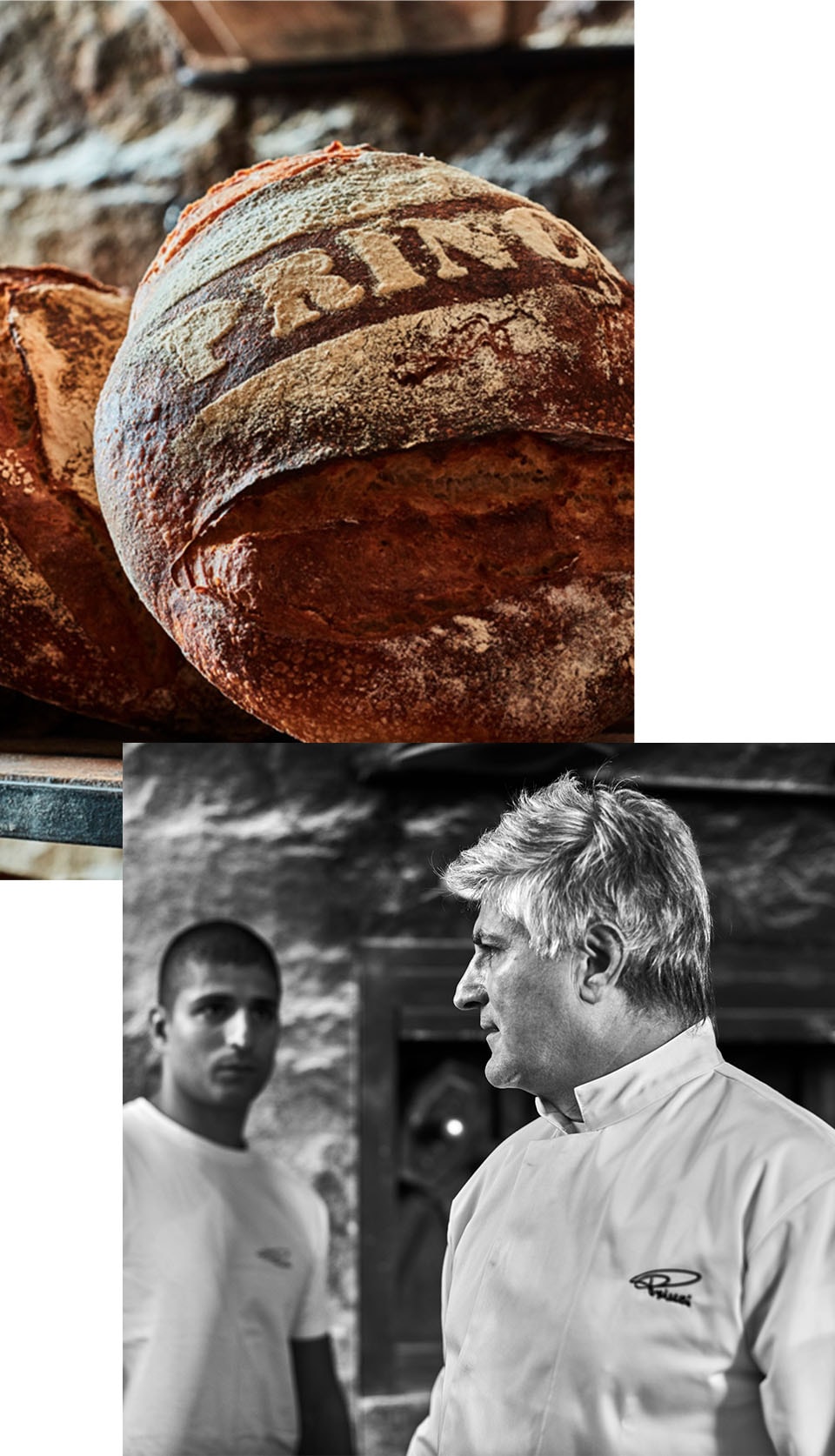 Collage of a closeup of a loaf of bread that says "Princi" and two men facing each other