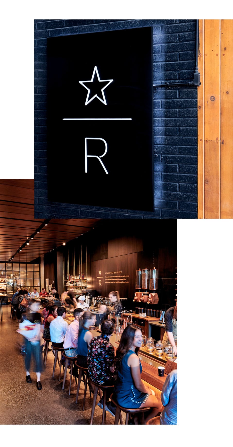 Collage with closeup image of Starbucks Reserve logo on a tiled wall and a dozen people sitting at a counter in an interior space
