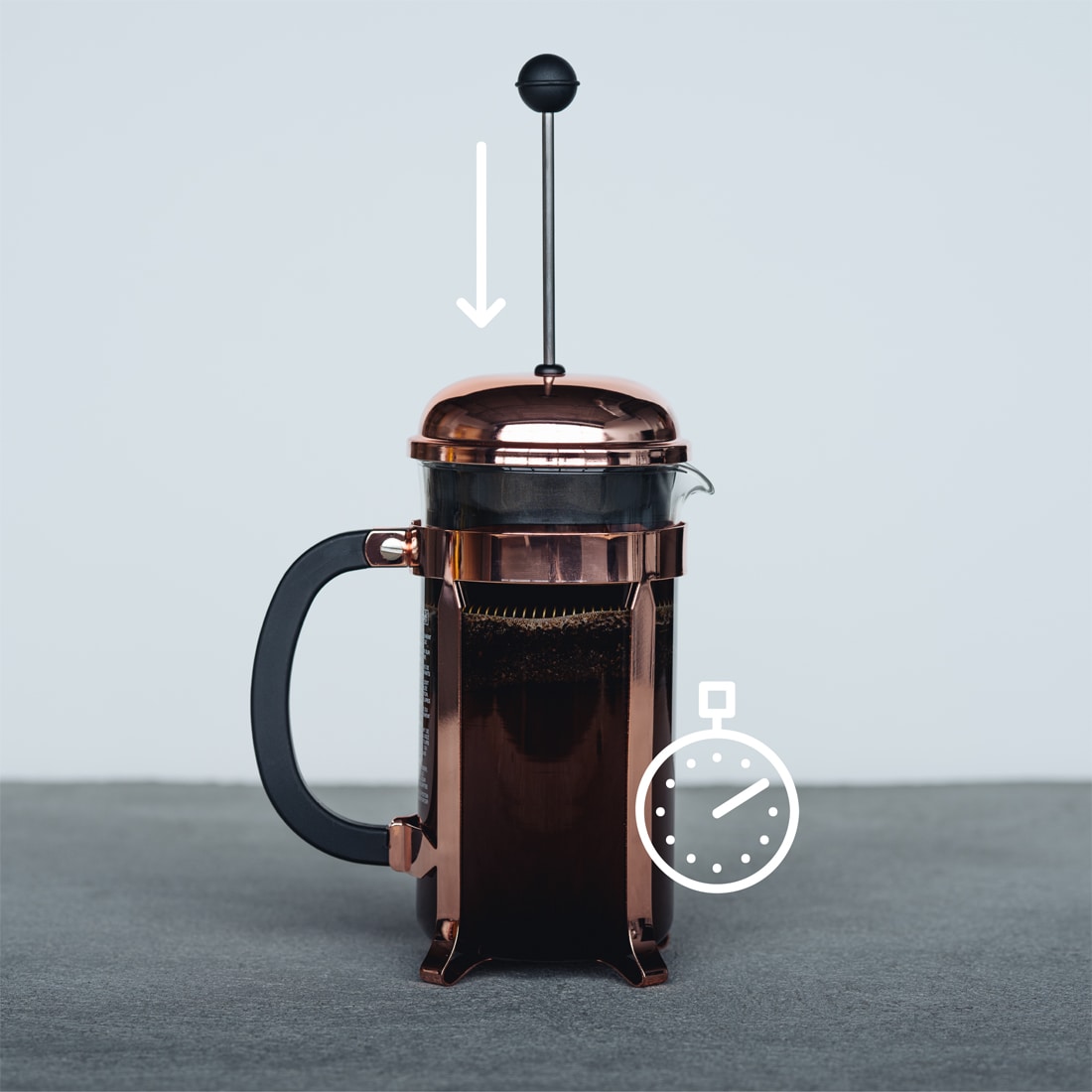 French press with overlaid line illustrations of stopwatch and and a downward arrow near the top of the french press