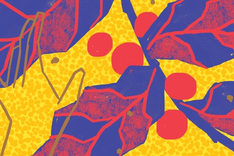 Colorful abstract art with hand grabbing for fruit among leaves