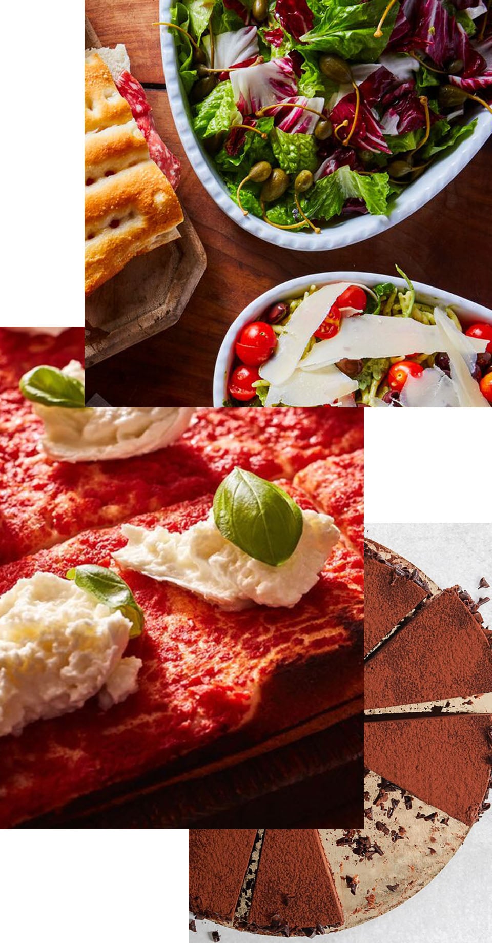 Image collage of a sandwich, salads, pizza, and dessert
