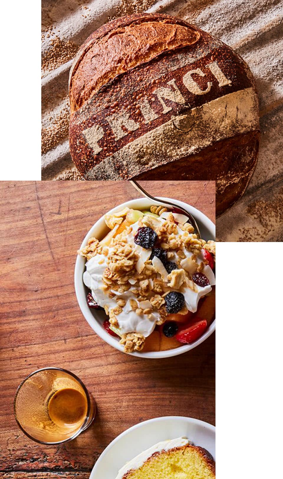 Image collage of a loaf of bread, pastries, and fruit and yogurt