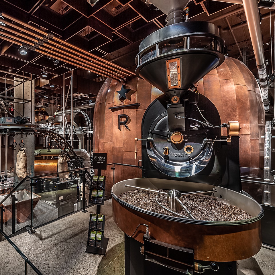 Interior of New York Roastery with coffee roasting machinery