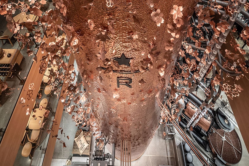 Partial view of the four-story copper cask in the Tokyo Roastery atrium