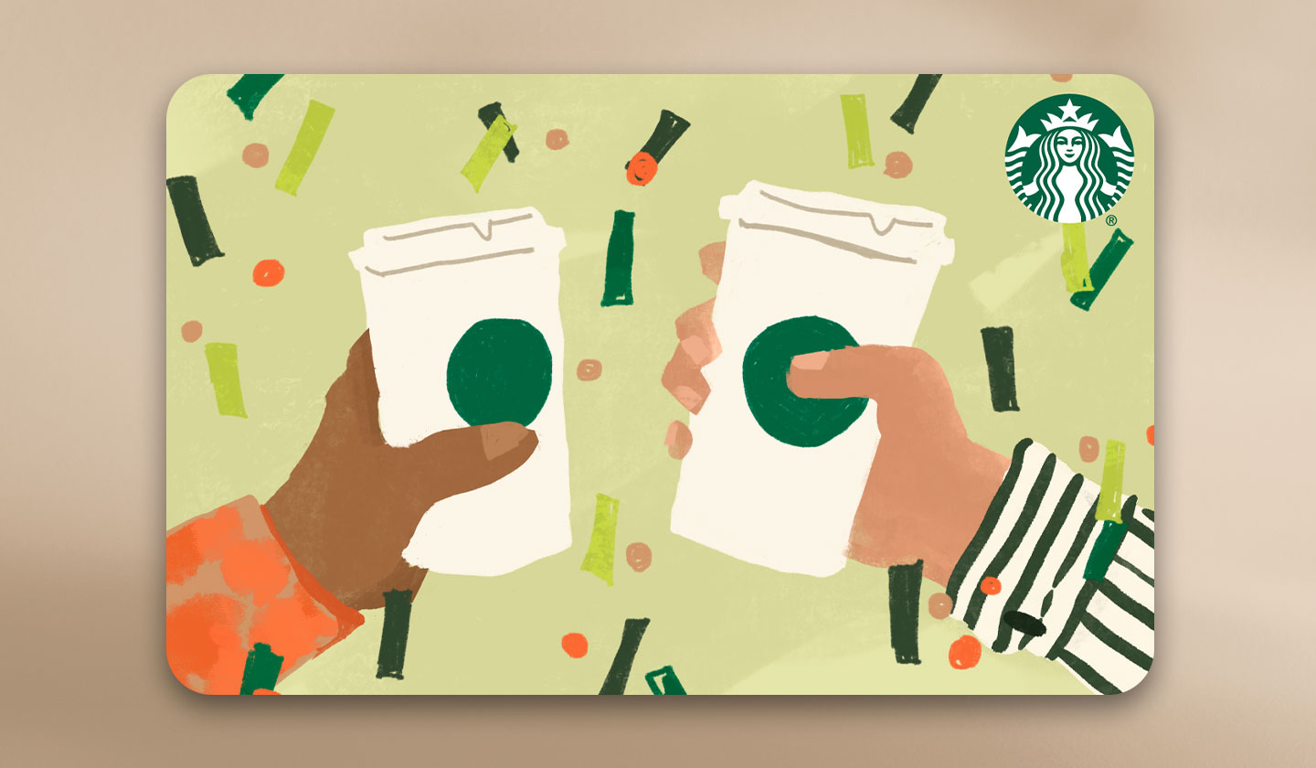 A Starbucks gift card with two illustrated hands holding coffee cups
