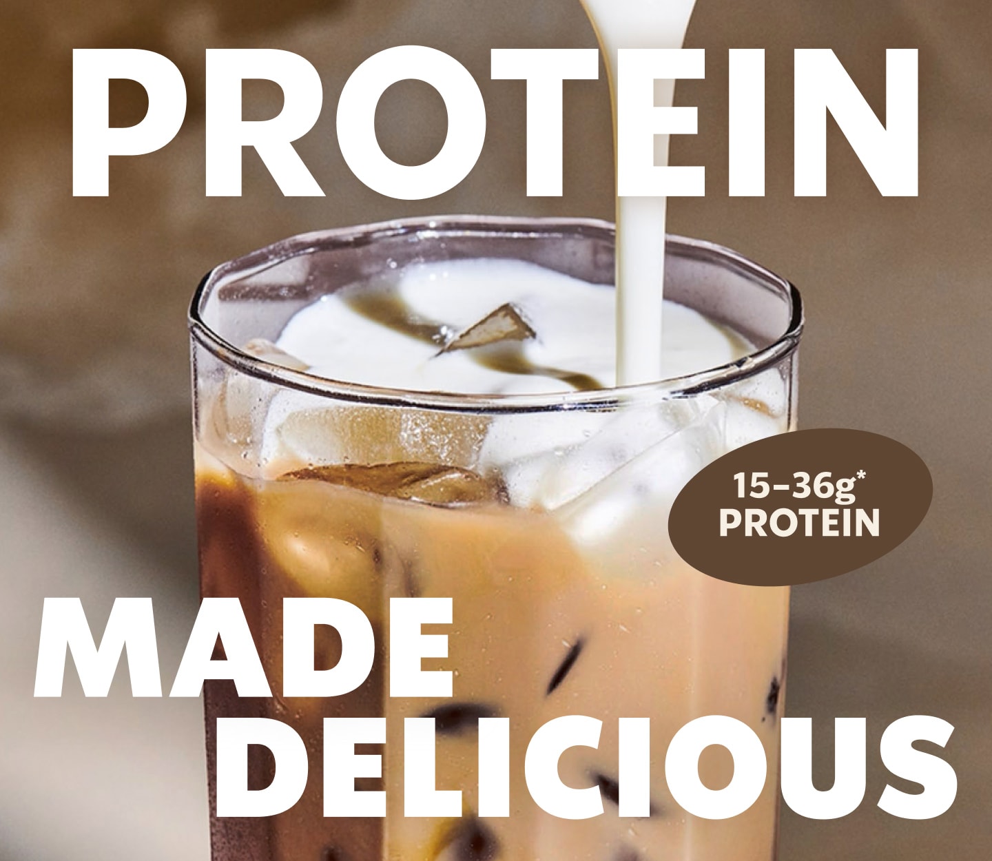 A close up of cold foam pouring into iced latte in a glass with "Protein Made Delicious" written in the image.