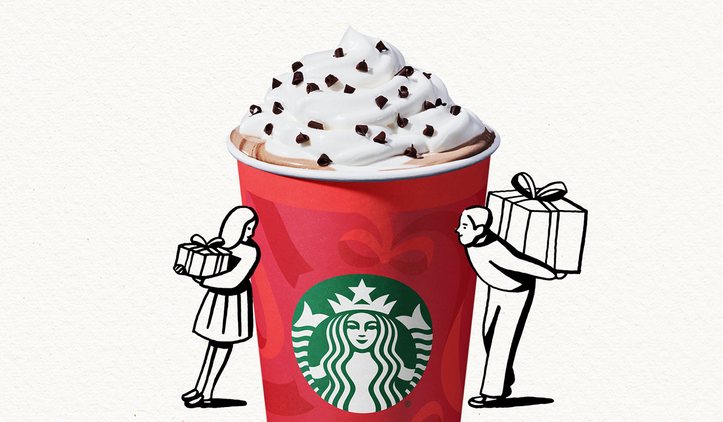 A large hot to go holiday Peppermint Mocha with illustrations of a person holding a present on either side of the cup.