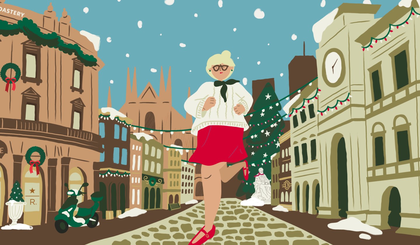 Illustration of a woman in a festive outfit running through the snowy streets of Milan.