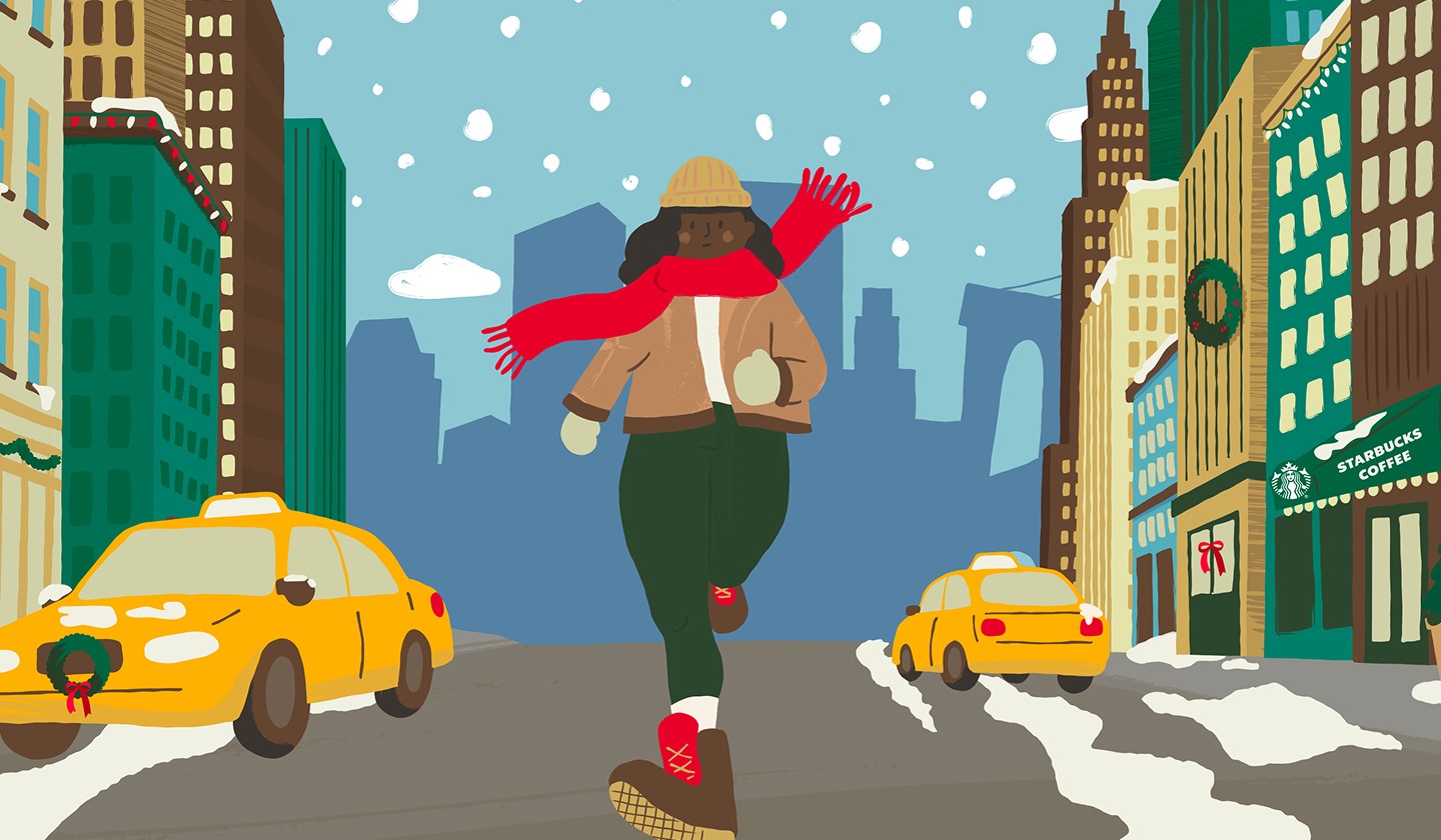 Illustration of a woman in winter clothing running through the snowy streets of New York City.