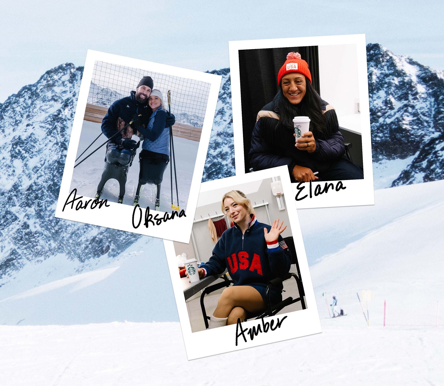 A photo collage of Team USA Olympic and Paralympic athletes, Elana Meyers Taylor, Amber Glenn, Oksana Masters and Aaron Pike.