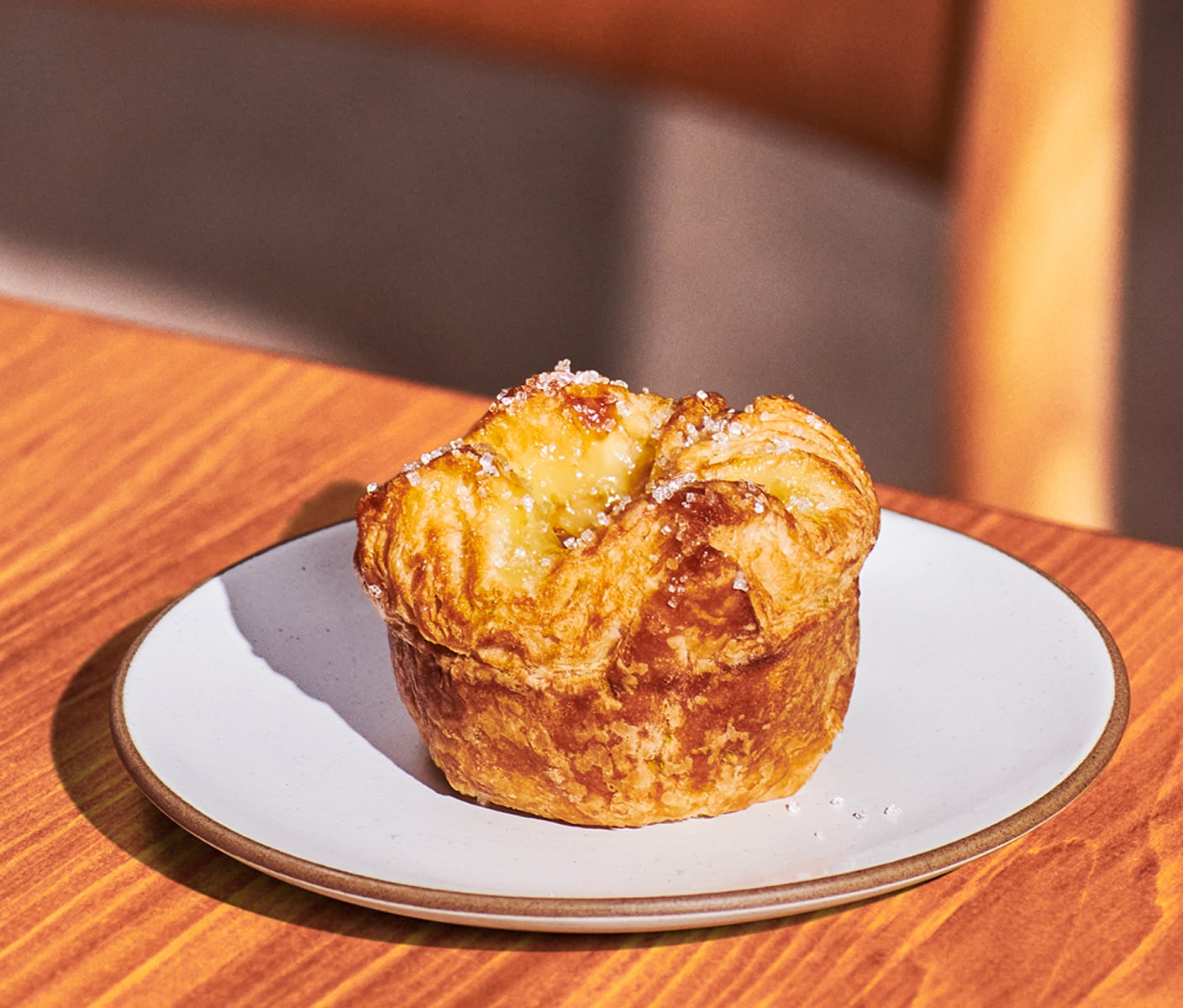 A flaky pastry with sprinkles on top on a plate.