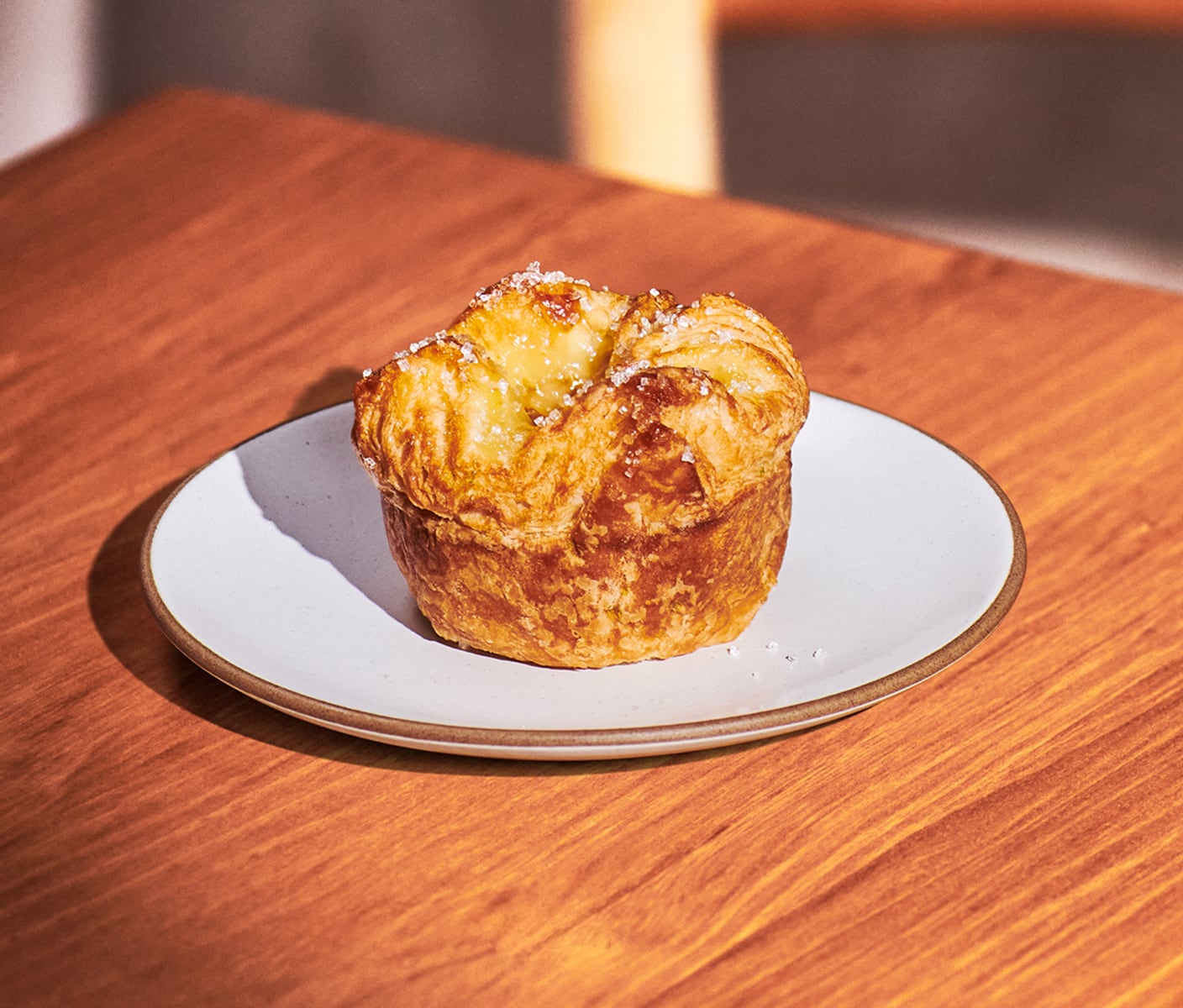 A flaky pastry with sprinkles on top on a plate.