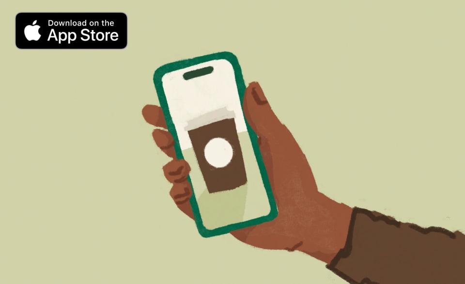 Illustrated hand holding iPhone on light green background