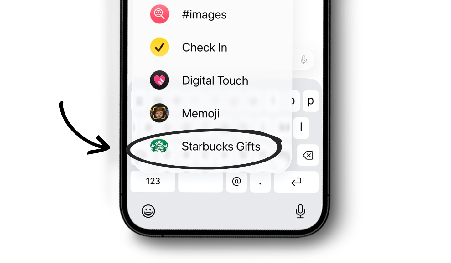 An iPhone screen opened to Messages. The app drawer is open to Starbucks Gifts, which is circled and has an arrow pointing at it.