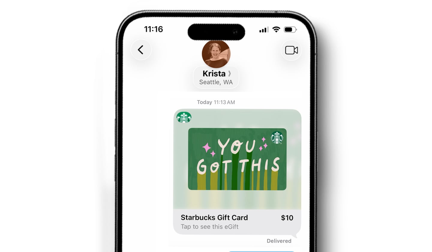 An iPhone screen opened to the Messages app. The sender has shared a Starbucks digital gift card with “You got this” written on it.