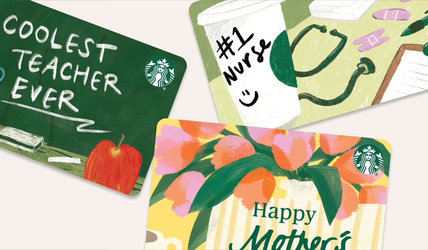 Three different gift cards: one that says "Coolest Teacher Ever" on a chalkboard, another with "Number One Nurse" written on a coffee cup, and one with a tulip bouquet in a box that has "Happy Mother's Day" written on it.