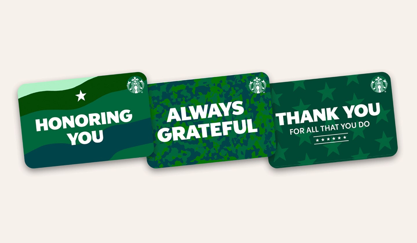Three green Starbucks eGift cards with messages honoring service members 