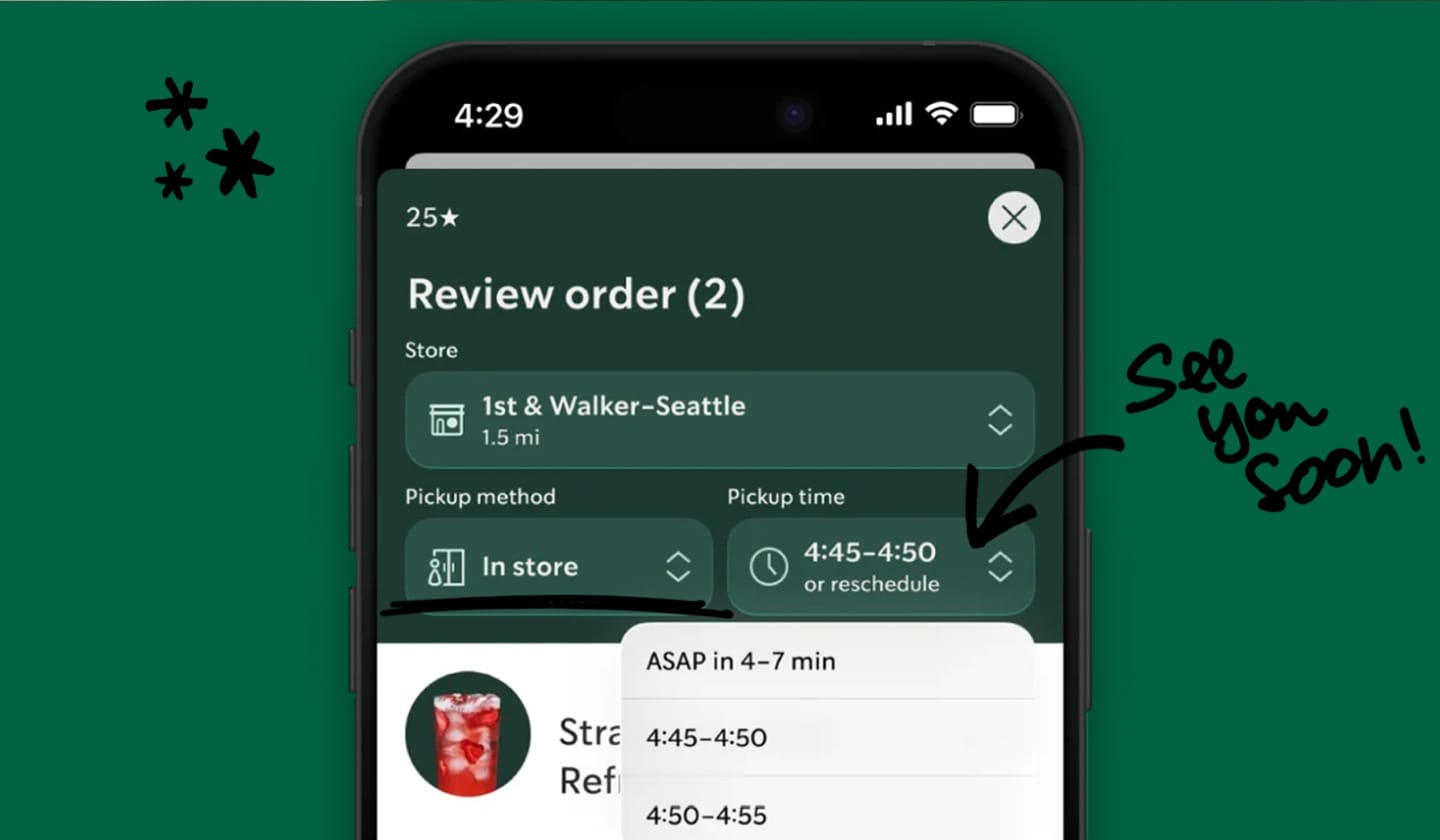 A close-up of a mobile phone displaying an open Starbucks® app and the Review Order pickup time function. There are three hand-drawn stars to the left of the phone and the words "See you soon!" are hand-written to the right.