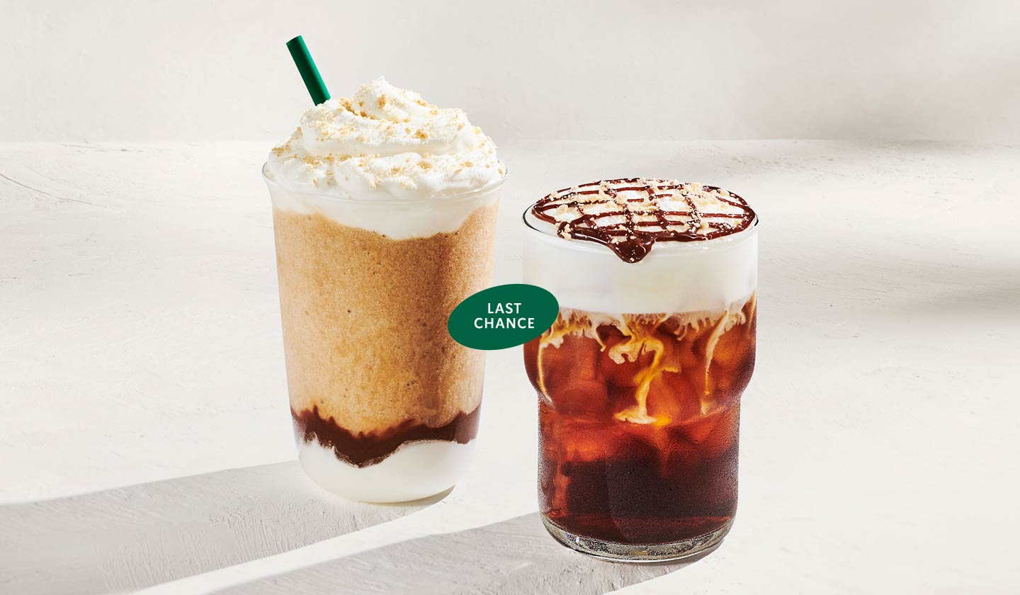 “Last chance” icon between a blended and an iced s’mores-inspired drink.
