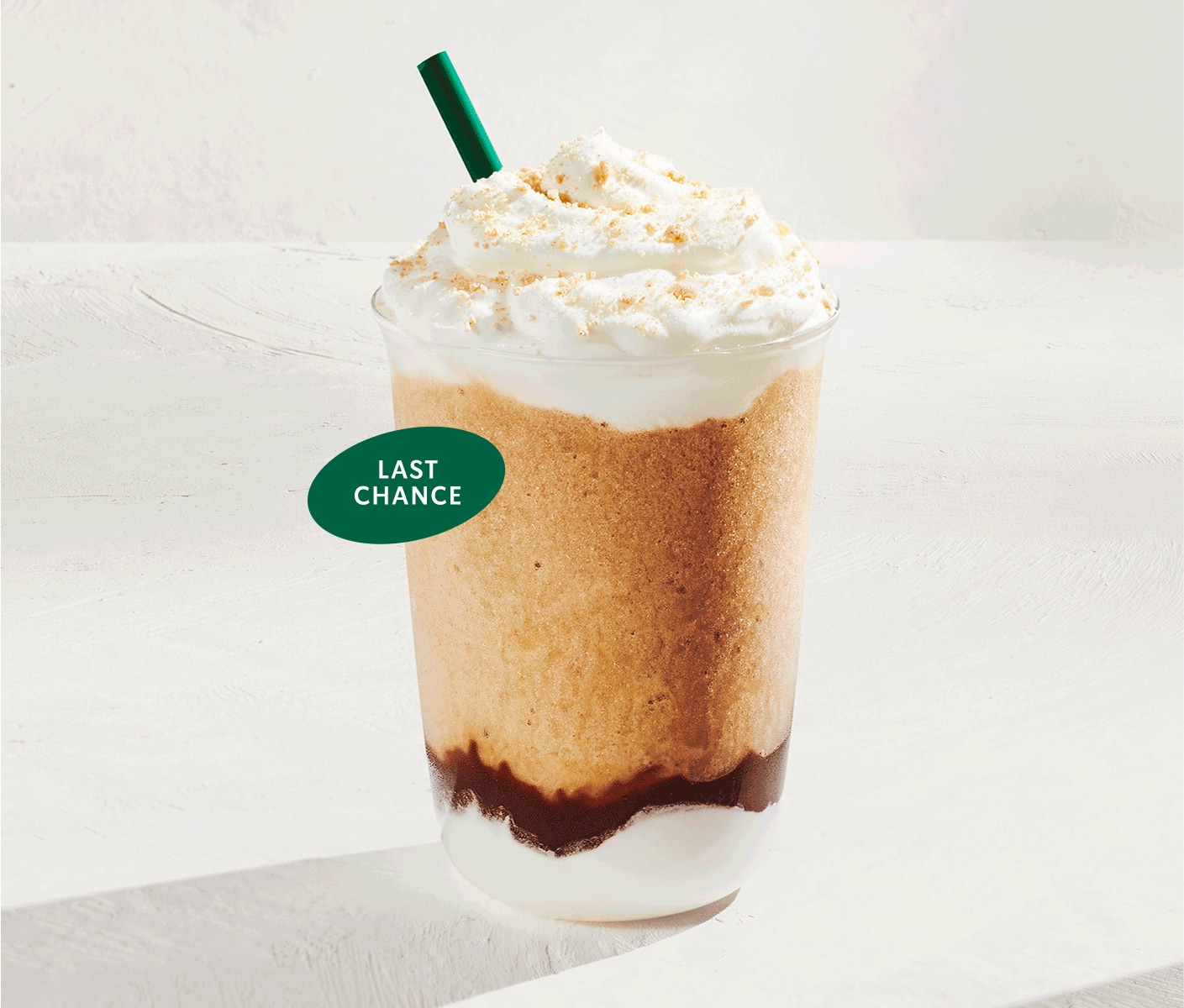 “Last chance” icon overlaps a blended coffee drink with chocolate sauce, whipped cream and graham-cracker topping.