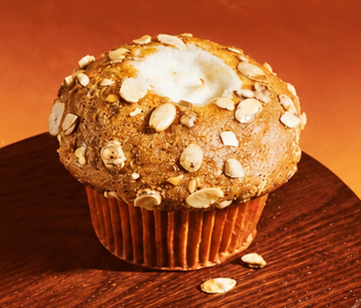 A golden muffin topped with pumpkin seeds and a cream cheese filling.