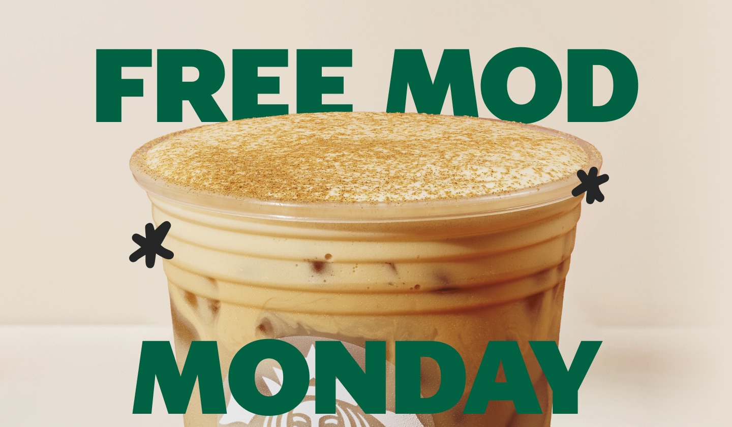 A cold drink topped with cold foam. Two sharpie Stars decorate the image. On top, bolded text reads Free Mod Monday.