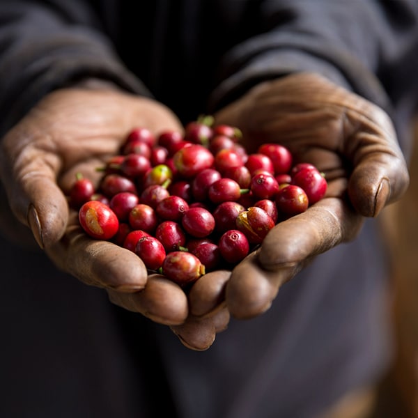 Open hands holding a bunch of coffee cherries