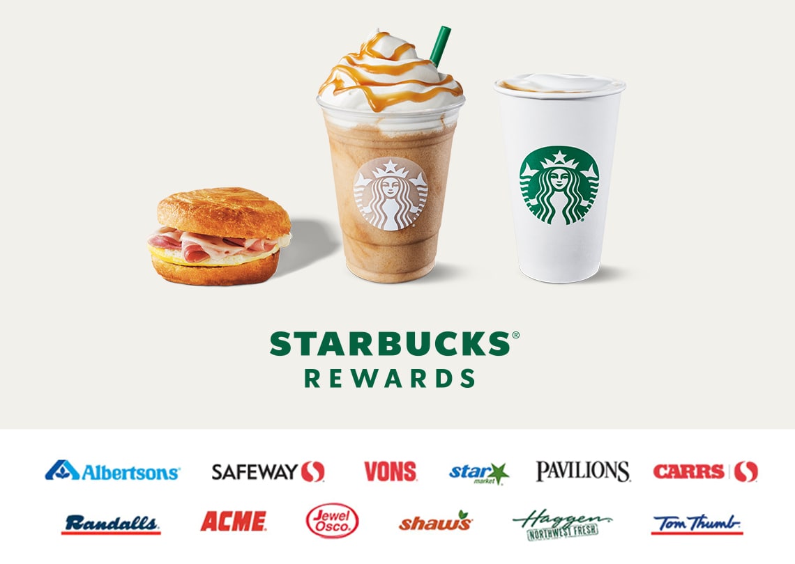 A Starbucks sandwich, blended drink, and hot drink above Albertsons store logos.