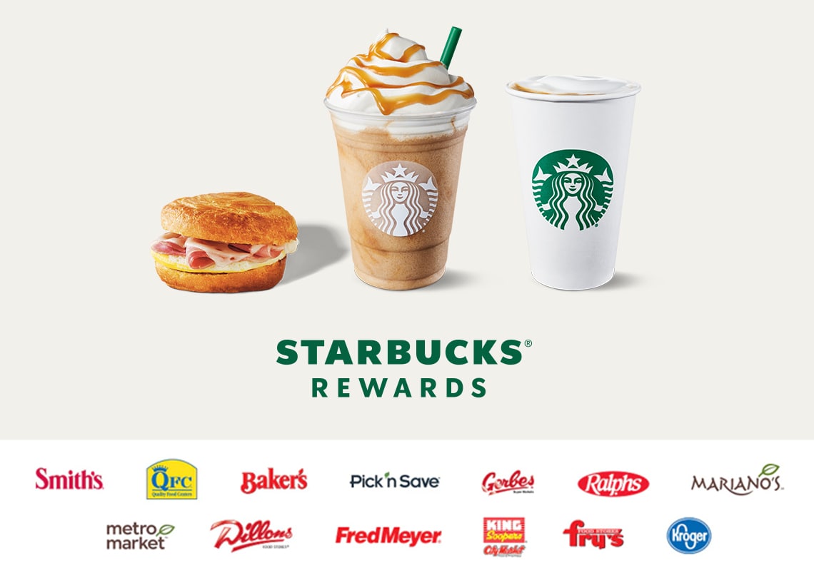 A Starbucks sandwich, blended drink, and hot drink above Kroger store logos.