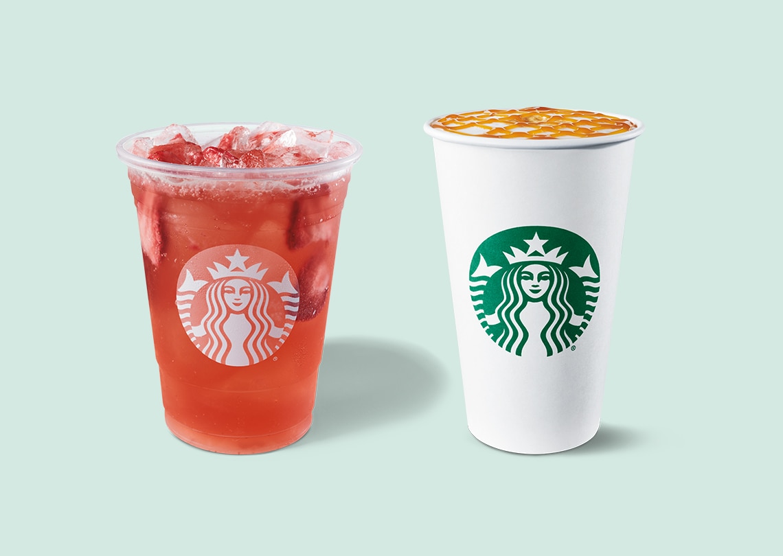 A refreshing pink strawberry drink and hot caramel espresso beverage with foam on top—two Starbucks Happy Hour options.