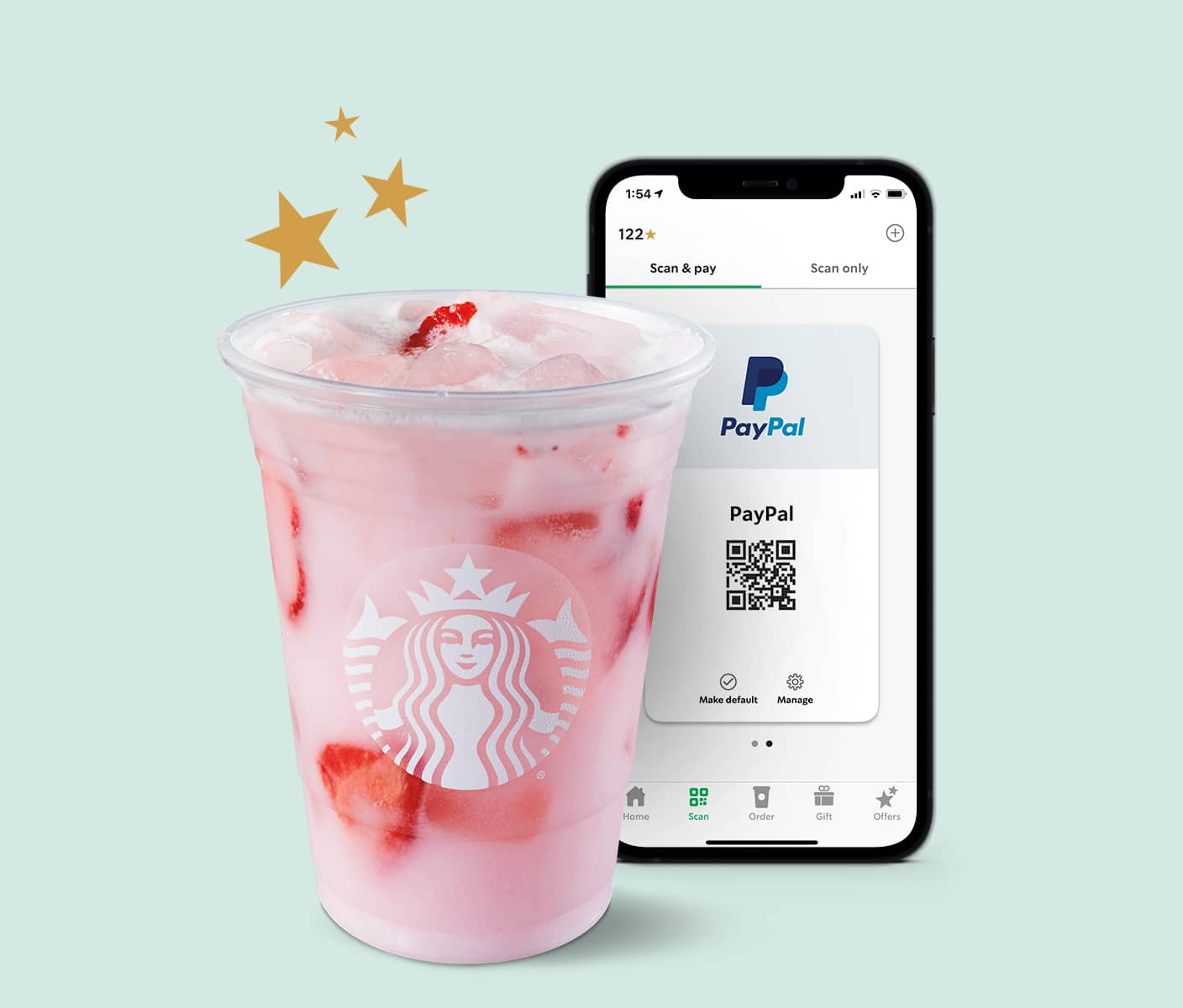 Pink Drink with PayPal phone screen and stars