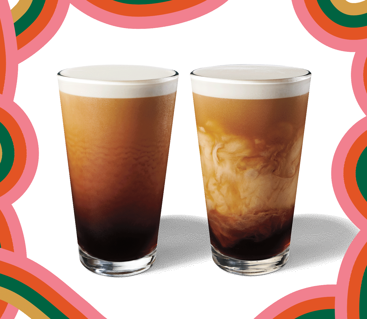 A Nitro Cold Brew sits next to an Nitro Cold Brew with Vanilla Sweet Cream in a fall swirl layout.