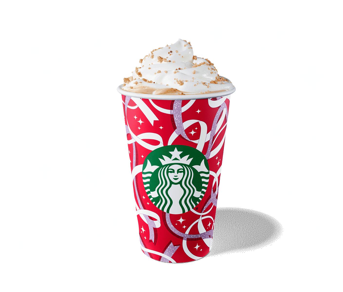 To-go cup with a red-and-green holiday design against a red background. Drink is topped with whipped cream.