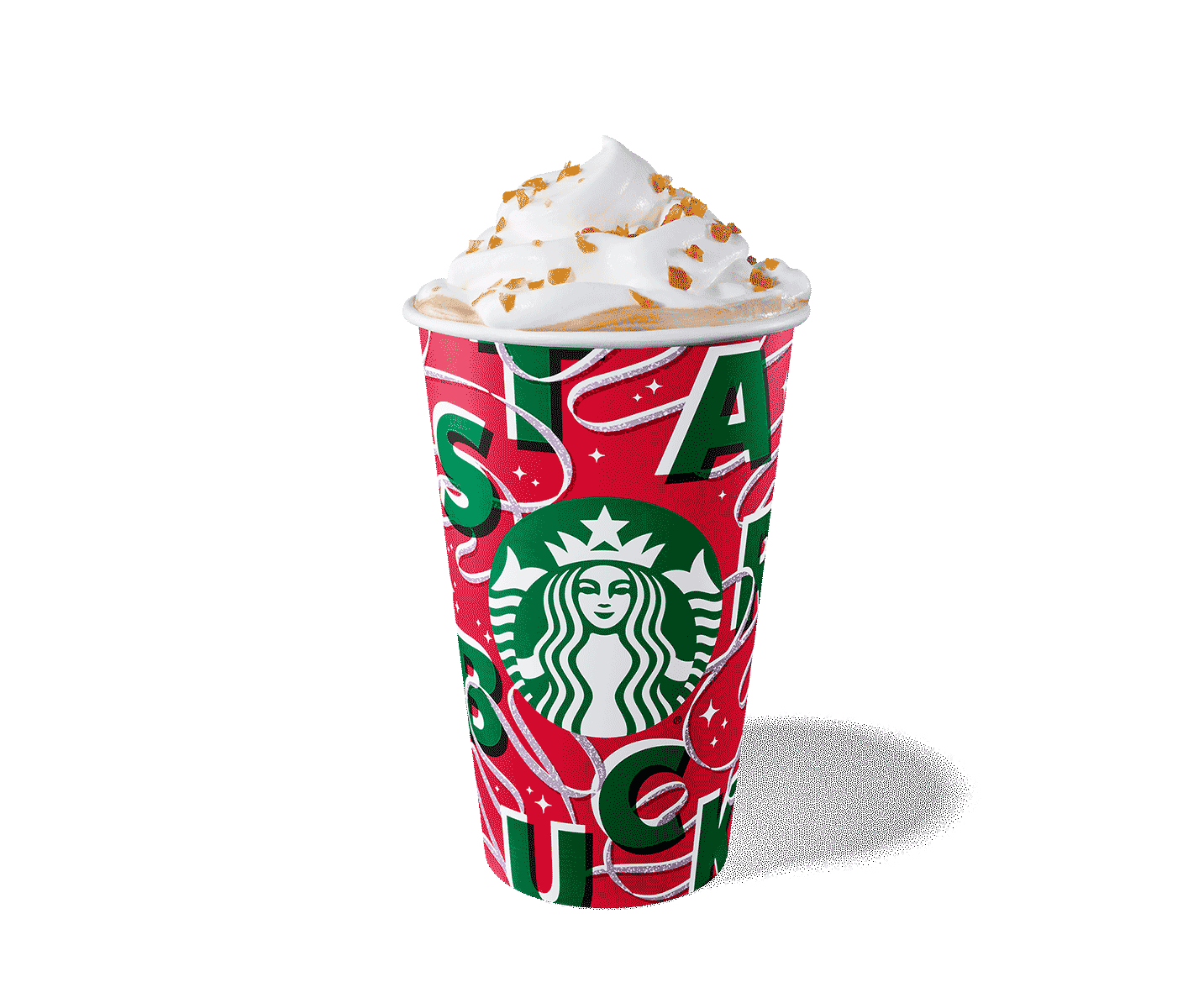 To-go cup with a red-and-green holiday design against a red background. Drink is topped with whipped cream.