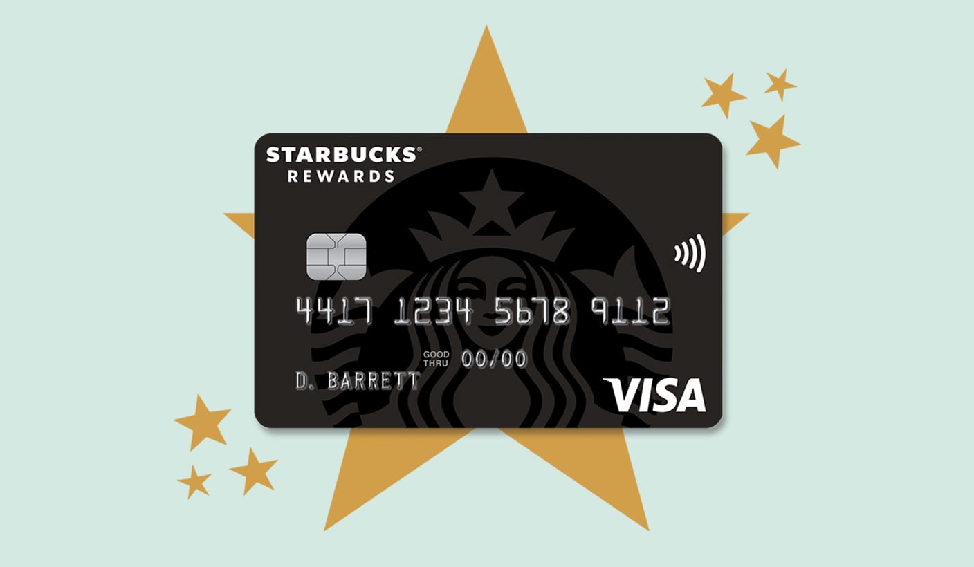 Starbucks® Rewards Visa® Credit Card in front of large gold star and smaller gold stars