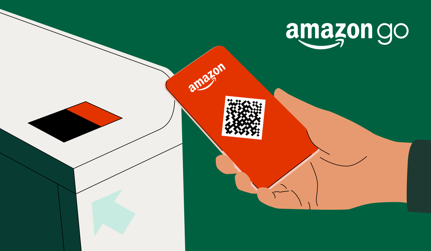 Illustration of a hand holding a phone with the Amazon Go bar code on it near a scanning machine. “Amazon Go” appears in the corner. 