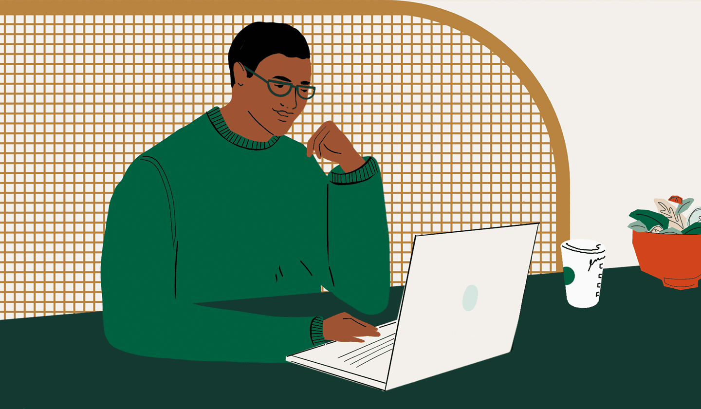 Illustration of a man on his laptop at a table with a Starbucks to-go cup next to him.