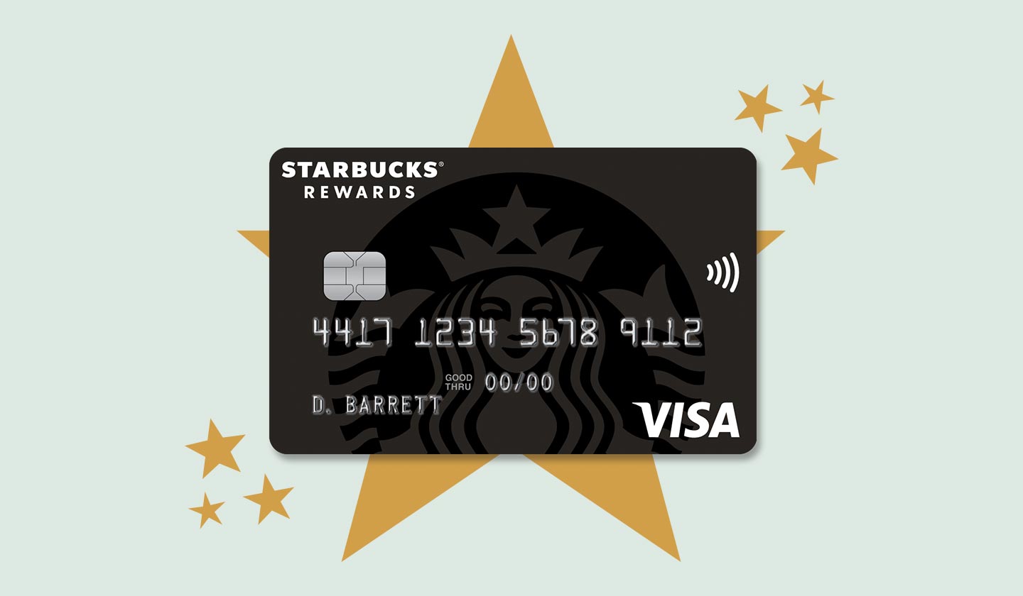 Image of Starbucks Rewards Visa credit card with large gold star behind and smaller gold stars on sides