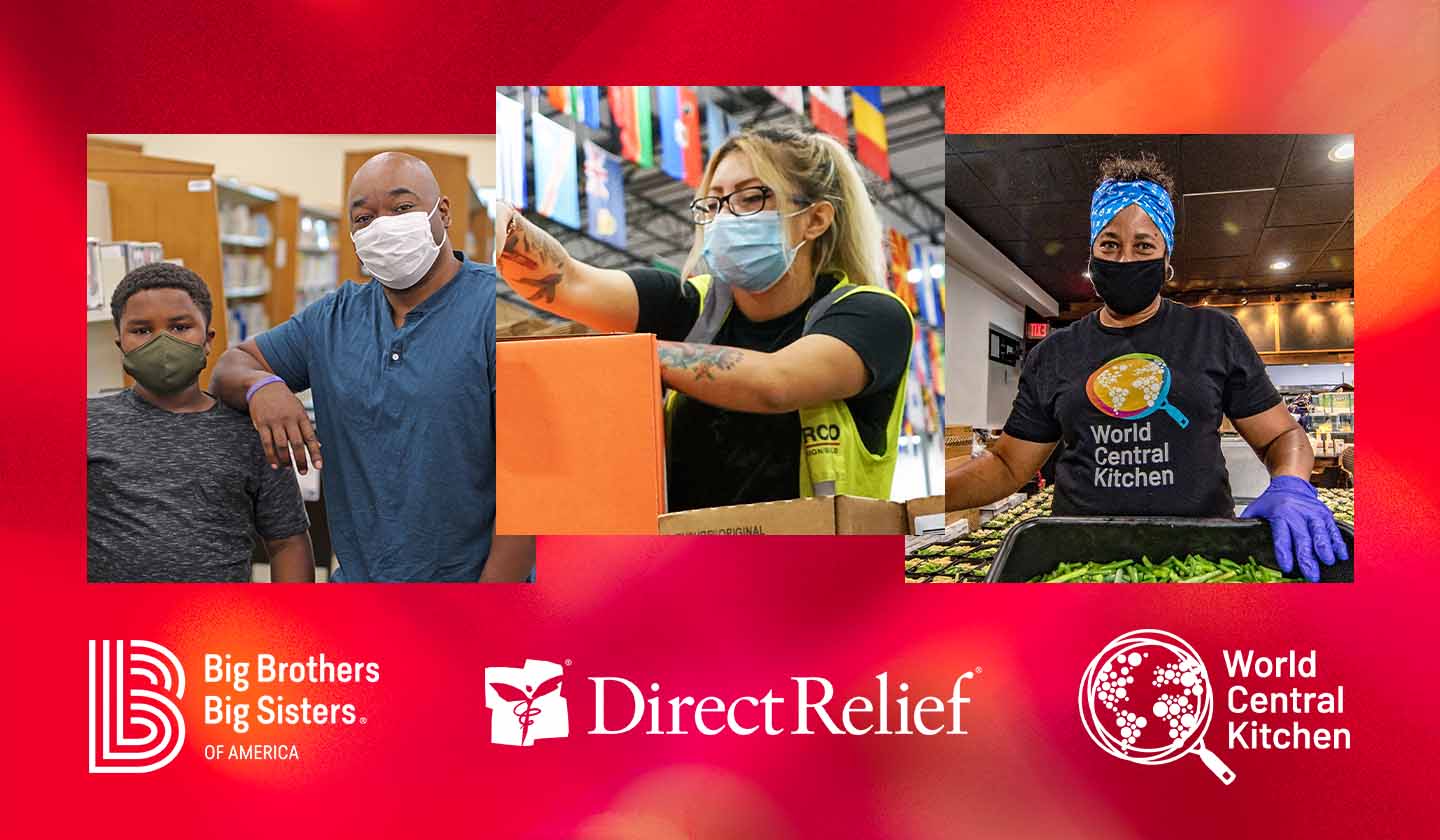 Left: A man stands with a boy in a library above the Big Brothers Big Sisters of America logo. Center: A woman packs a box of supplies in a warehouse above the Direct Relief logo. Right: A woman stands in a kitchen holding a container of green beans above the World Central Kitchen logo.