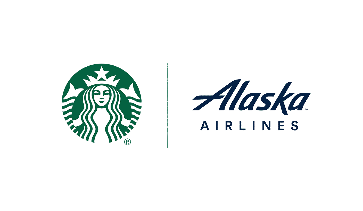 Alaska Airlines and Starbucks logos separated by a vertical line on mint green background with white holiday sparkle