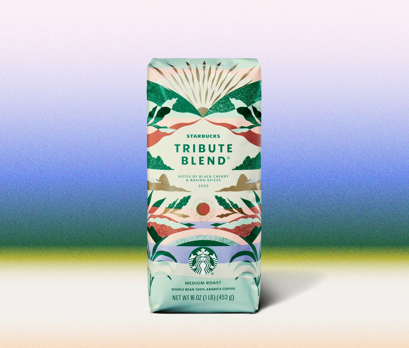 Starbucks® coffee bag with nature-inspired graphics in greens and reds with accents of gold.