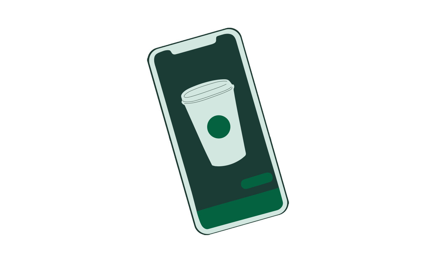 Illustrated phone screen showing a white to-go cup with a green dot.