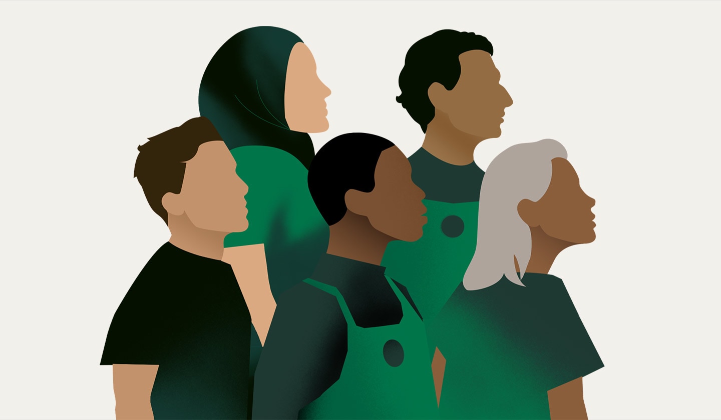 Illustration of diverse Starbucks partners (employees) wearing Starbucks green aprons, looking to the right.