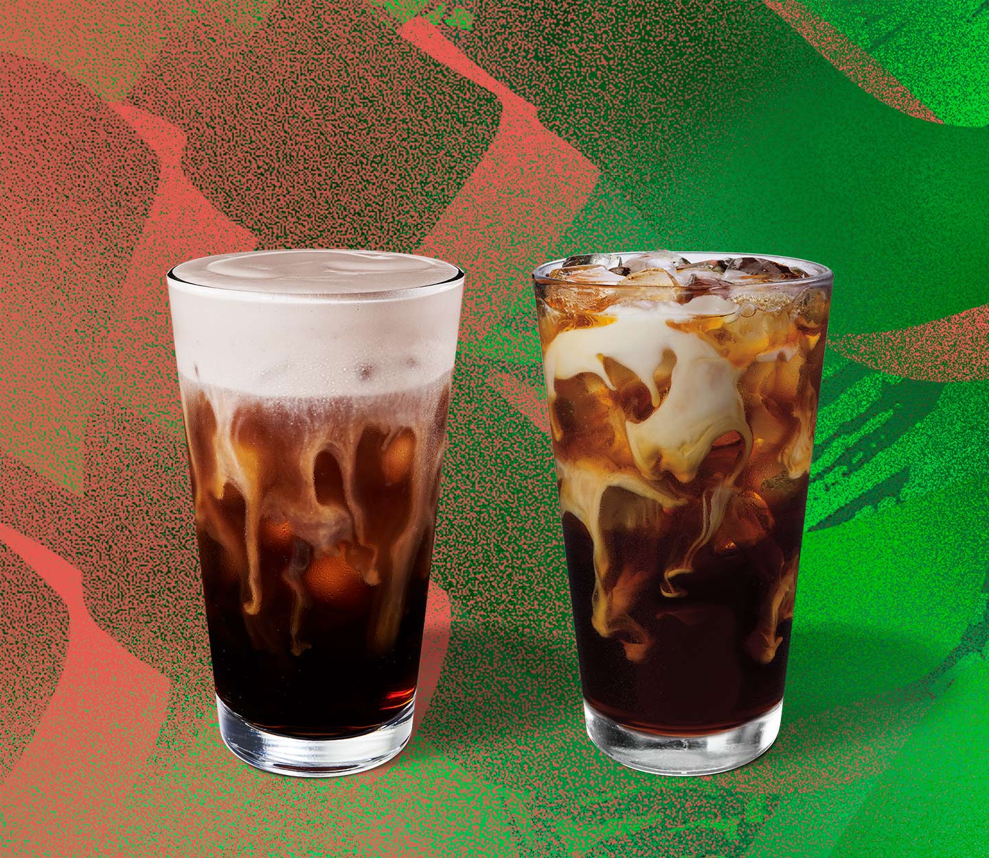 Two marbled iced coffee drinks in tall glasses.