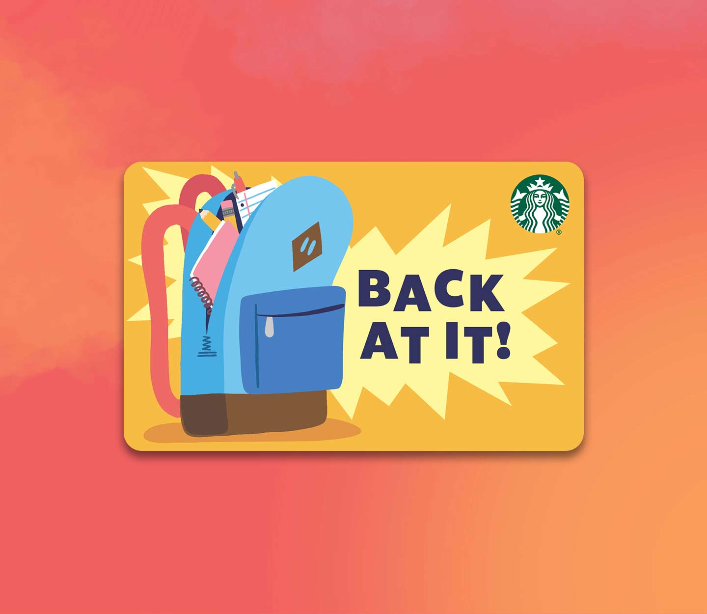 Gift card with an illustrated backpack and “BACK AT IT!” message.